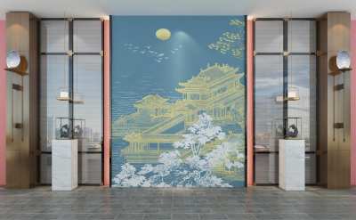 新中式夹绢玻璃背景墙3D模型下载